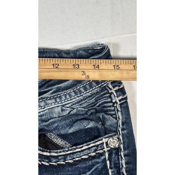 Miss Me Jeans Womens 30 Blue Mid Rise Bootcut Distressed Flap Pockets Rhinestone - Picture 11 of 16